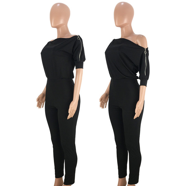 Sexy double zipper oblique shoulder off-shoulder collar solid color jumpsuit GL6118