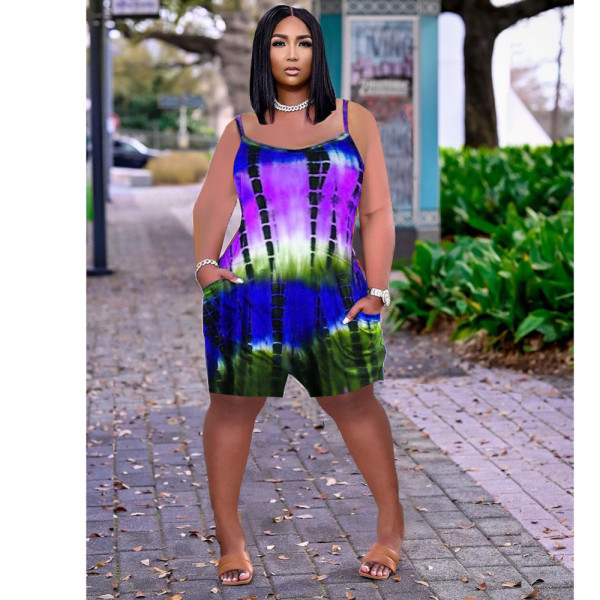 Tie-dye printed loose suspenders jumpsuit MN8360