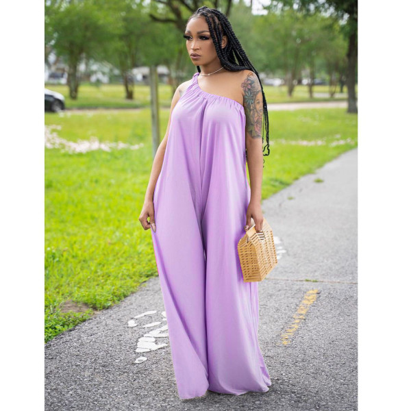 Women's fashion loose slanted shoulder casual jumpsuit YT3273