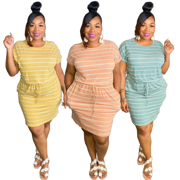 Striped drawstring tie plus size dress YT3279