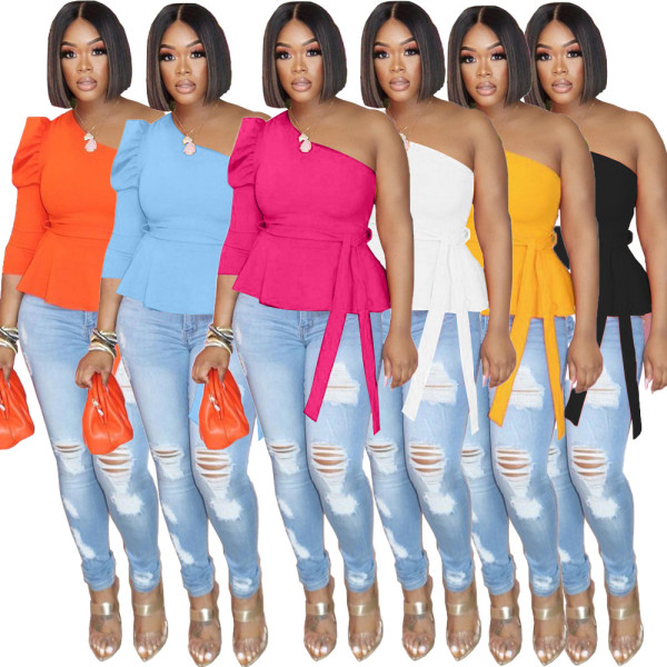 Slanted shoulder puff sleeve sexy cute top YT3265