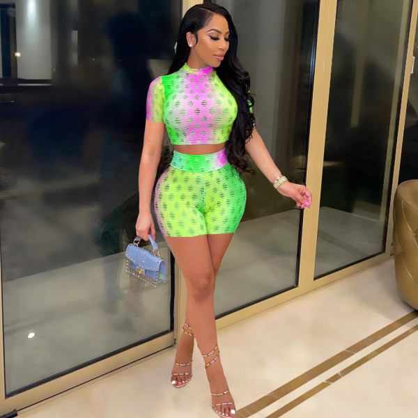 Fashion color sexy hollow perspective slim two-piece suit YT3275