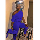 Sexy double zipper oblique shoulder off-shoulder collar solid color jumpsuit GL6118