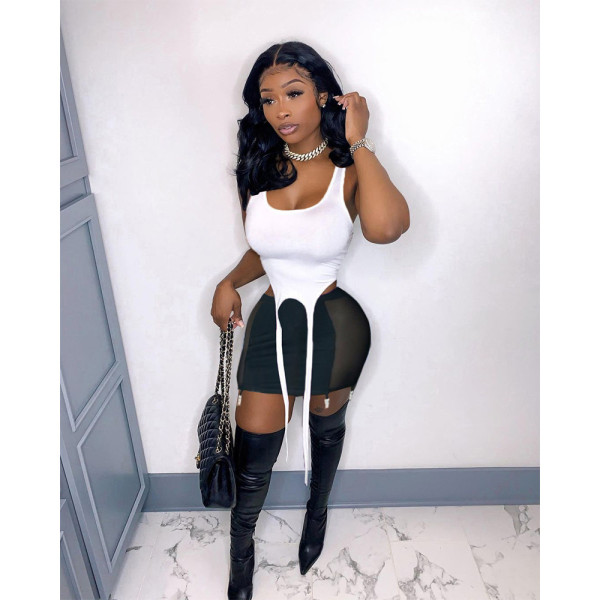 Vest straps three-dimensional ornaments mesh stitching short skirt two-piece suit MN8366