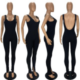 Sexy big backless U-neck jumpsuit with slit legs YT3271