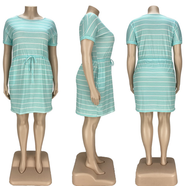 Striped drawstring tie plus size dress YT3279
