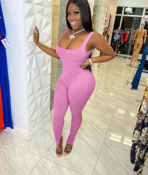 Sexy big backless U-neck jumpsuit with slit legs YT3271