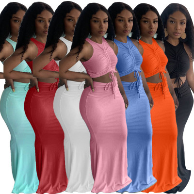 Pit stripe pleated mopping long skirt two-piece suit YT3278