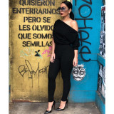 Sexy double zipper oblique shoulder off-shoulder collar solid color jumpsuit GL6118