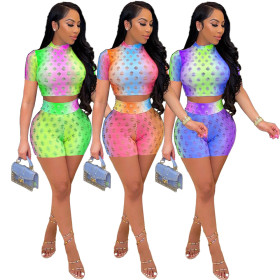 Fashion color sexy hollow perspective slim two-piece suit YT3275