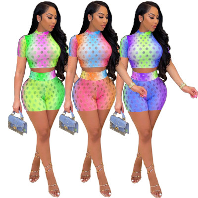 Fashion color sexy hollow perspective slim two-piece suit YT3275