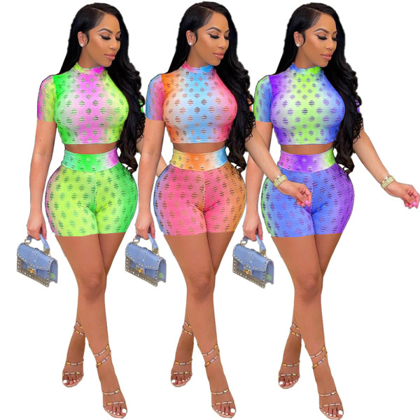 Fashion color sexy hollow perspective slim two-piece suit YT3275