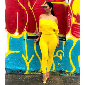 Sexy double zipper oblique shoulder off-shoulder collar solid color jumpsuit GL6118