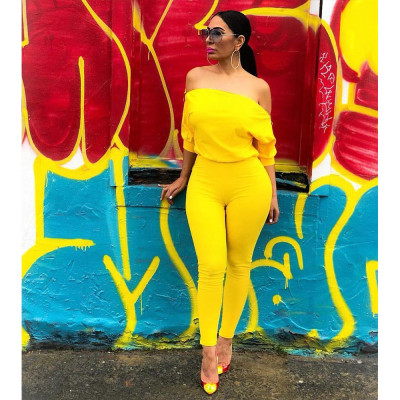 Sexy double zipper oblique shoulder off-shoulder collar solid color jumpsuit GL6118