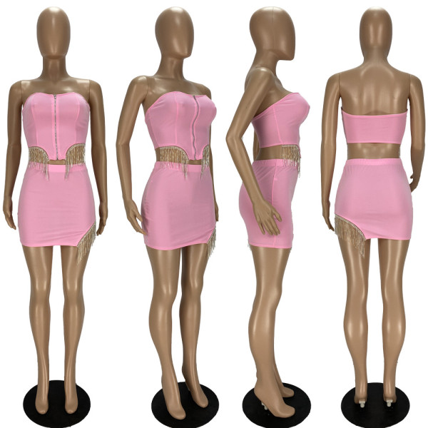 Sexy two-piece short skirt with fringed diamond wrapped chest YT3280