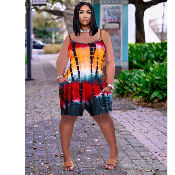 Tie-dye printed loose suspenders jumpsuit MN8360