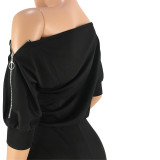 Sexy double zipper oblique shoulder off-shoulder collar solid color jumpsuit GL6118