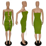Irregular hollow drawstring strap halterneck halter dress MN8356