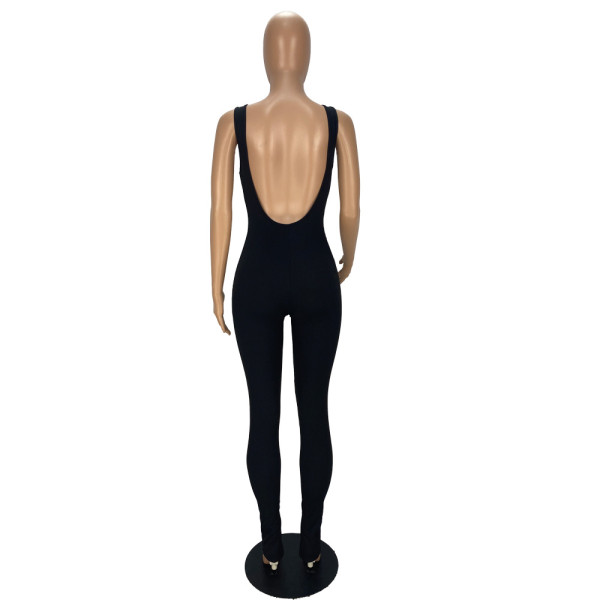 Sexy big backless U-neck jumpsuit with slit legs YT3271