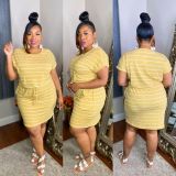 Striped drawstring tie plus size dress YT3279