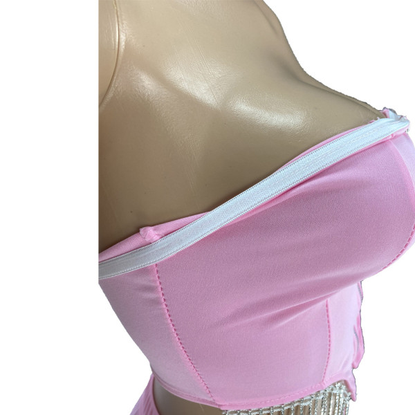 Sexy two-piece short skirt with fringed diamond wrapped chest YT3280