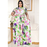 Two-piece skirt suit with big skirt and print tie YT3276