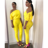 Sexy double zipper oblique shoulder off-shoulder collar solid color jumpsuit GL6118