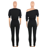 Sexy double zipper oblique shoulder off-shoulder collar solid color jumpsuit GL6118