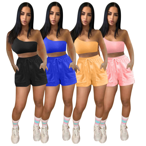 One-shoulder vest solid color fashion sports suit MN8358