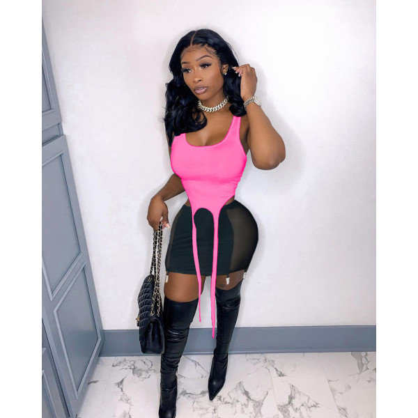 Vest straps three-dimensional ornaments mesh stitching short skirt two-piece suit MN8366