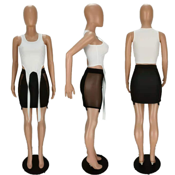 Vest straps three-dimensional ornaments mesh stitching short skirt two-piece suit MN8366
