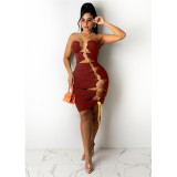 Irregular hollow drawstring strap halterneck halter dress MN8356