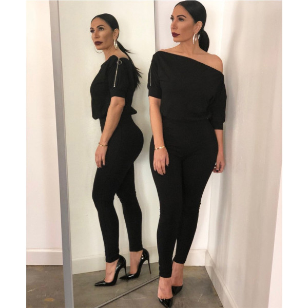 Sexy double zipper oblique shoulder off-shoulder collar solid color jumpsuit GL6118