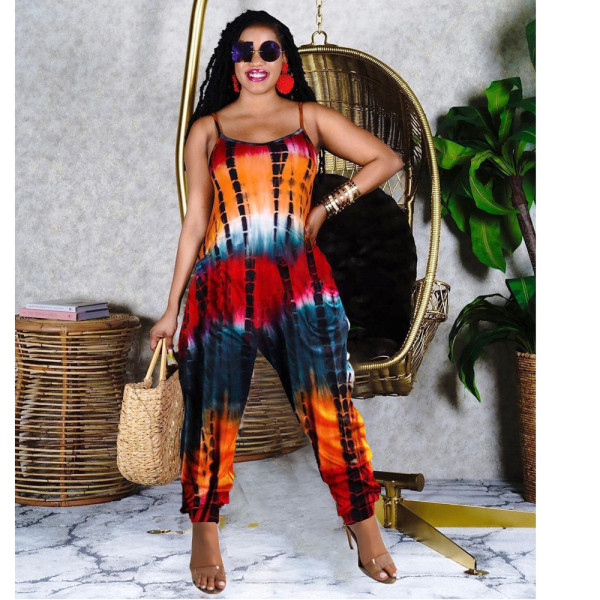 Tie-dye printed loose suspender jumpsuit MN8359