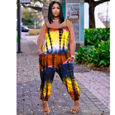 Tie-dye printed loose suspender jumpsuit MN8359