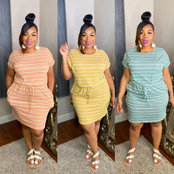 Striped drawstring tie plus size dress YT3279