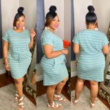 Striped drawstring tie plus size dress YT3279