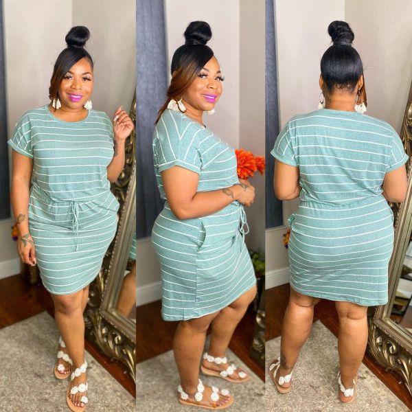 Striped drawstring tie plus size dress YT3279