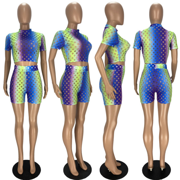 Fashion color sexy hollow perspective slim two-piece suit YT3275