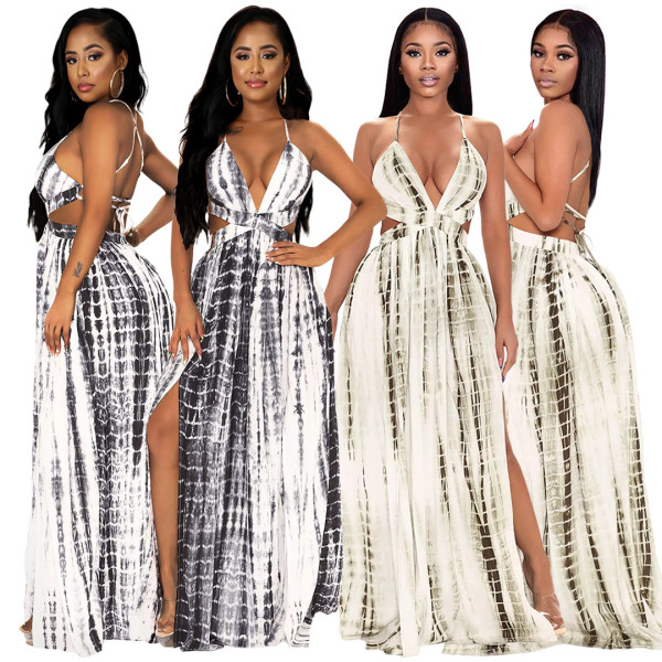 Sexy printed cross-tie V-neck slit dress GL6366