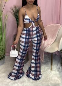 Check Print Loose Flare Sling Jumpsuit MN8348