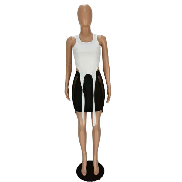 Vest straps three-dimensional ornaments mesh stitching short skirt two-piece suit MN8366