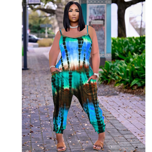 Tie-dye printed loose suspender jumpsuit MN8359