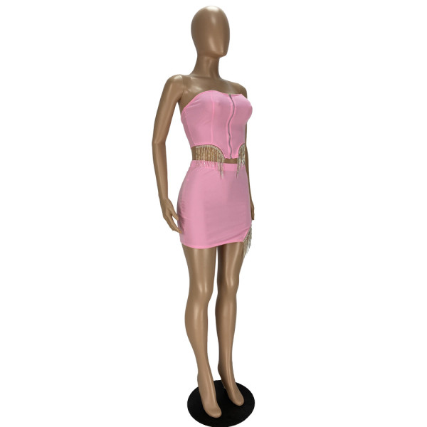 Sexy two-piece short skirt with fringed diamond wrapped chest YT3280