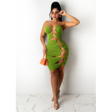 Irregular hollow drawstring strap halterneck halter dress MN8356