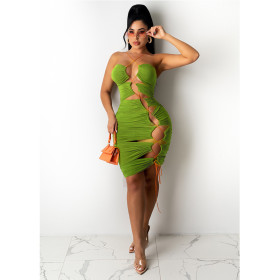 Irregular hollow drawstring strap halterneck halter dress MN8356
