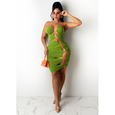 Irregular hollow drawstring strap halterneck halter dress MN8356