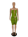 Irregular hollow drawstring strap halterneck halter dress MN8356
