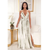 Sexy printed cross-tie V-neck slit dress GL6366