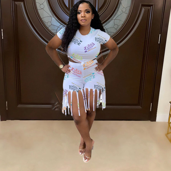 Fashion letter print shorts tassel two-piece set WJ5220
